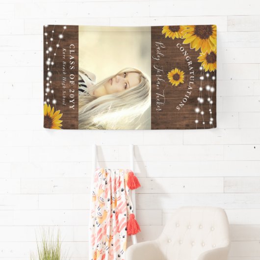 Rustic Sunflower String Lights Afstuderen Spandoek (Insitu)