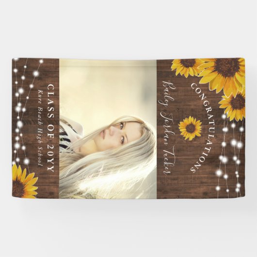 Rustic Sunflower String Lights Afstuderen Spandoek (Horizontaal)