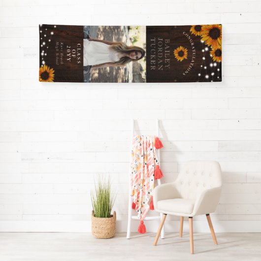 Rustic Sunflower String Lights Afstuderen Spandoek (Insitu)