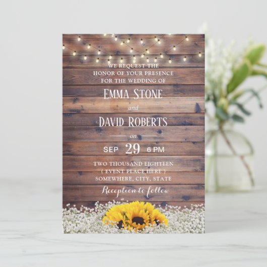 Rustic Sunflower & String Lights Barn Wedding Kaart (Staand voorkant)