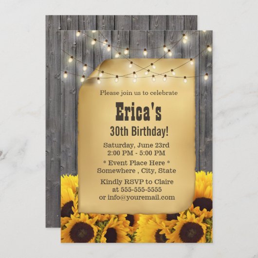 Rustic Sunflower String Lights Barn Wood Birthday Kaart (Voorkant / Achterkant)