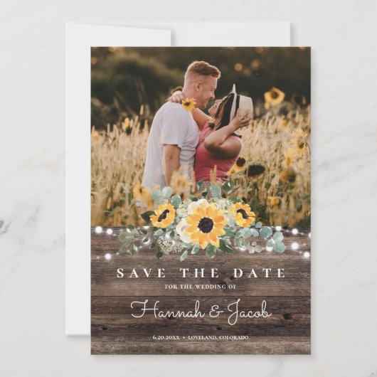 Rustic Sunflower String Lights Barn Wood Wedding Save The Date (Voorkant)