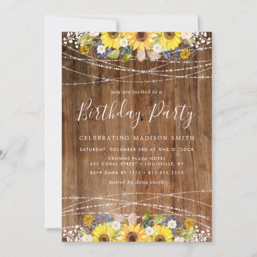 Rustic Sunflower String Lights Birthday Party Kaart (Voorkant)