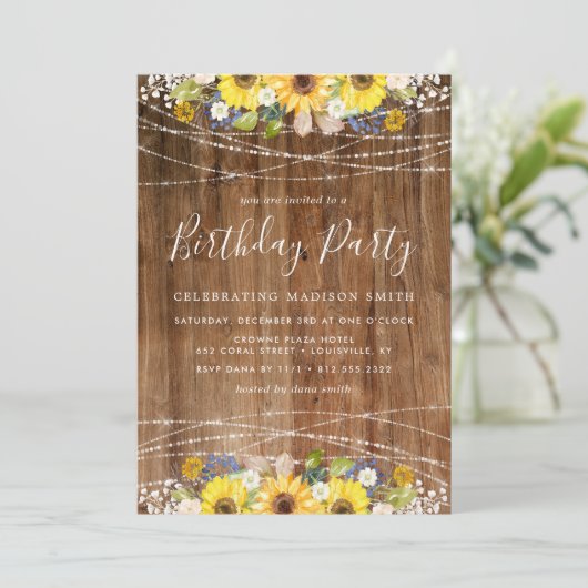Rustic Sunflower String Lights Birthday Party Kaart (Staand voorkant)