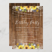 Rustic Sunflower String Lights Birthday Party Kaart (Voorkant / Achterkant)