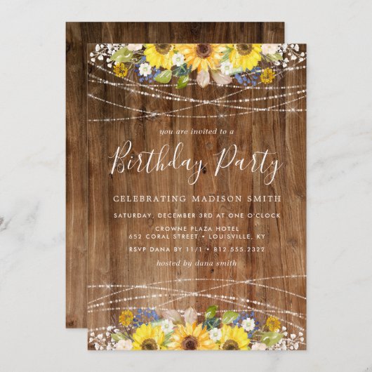 Rustic Sunflower String Lights Birthday Party Kaart (Voorkant / Achterkant)