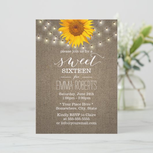 Rustic Sunflower & String Lights Burlap Sweet 16 Kaart (Staand voorkant)