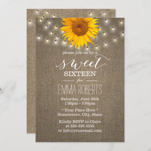 Rustic Sunflower & String Lights Burlap Sweet 16 Kaart (Voorkant / Achterkant)