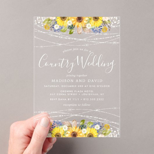 Rustic Sunflower String Lights Country Wedding Acryl Uitnodigingen (Insitu (Draagbaar))