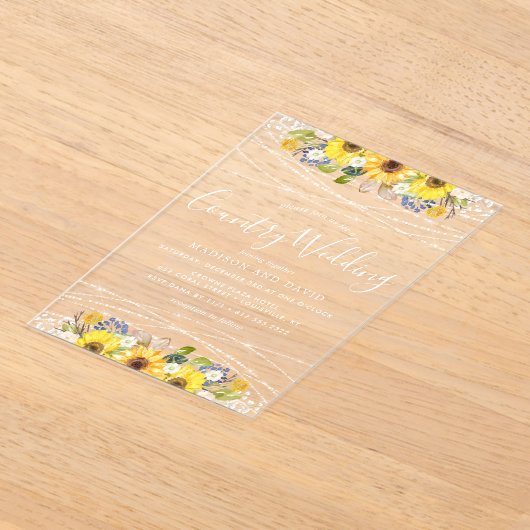 Rustic Sunflower String Lights Country Wedding Acryl Uitnodigingen (Laagn)