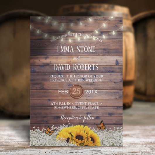 Rustic Sunflower & String Lights Country Wedding Kaart