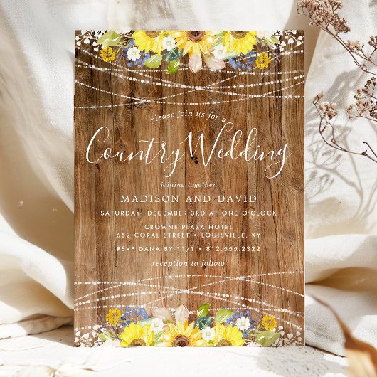 Rustic Sunflower String Lights Country Wedding Kaart