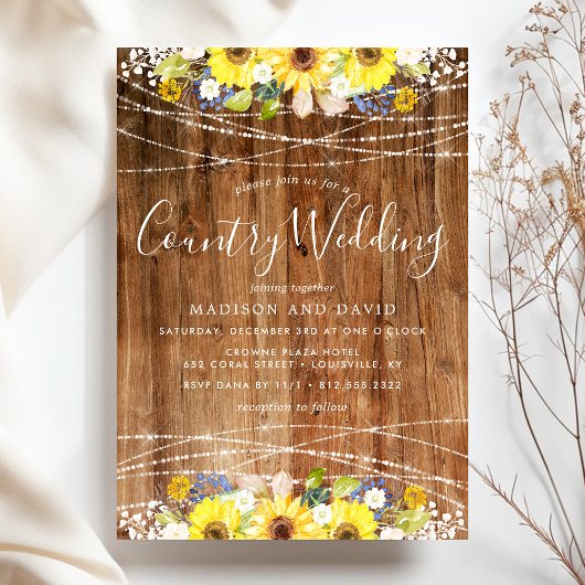 Rustic Sunflower String Lights Country Wedding Kaart