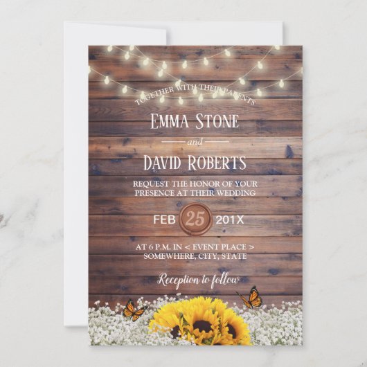 Rustic Sunflower & String Lights Country Wedding Kaart (Voorkant)
