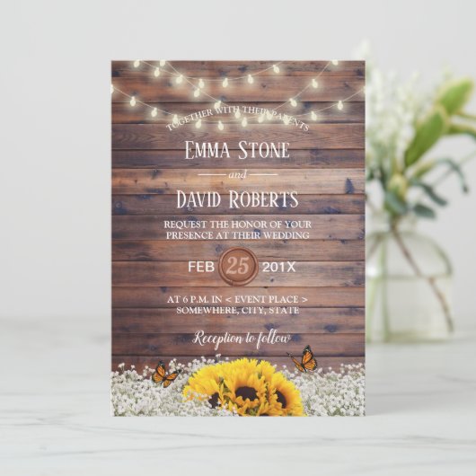 Rustic Sunflower & String Lights Country Wedding Kaart (Staand voorkant)