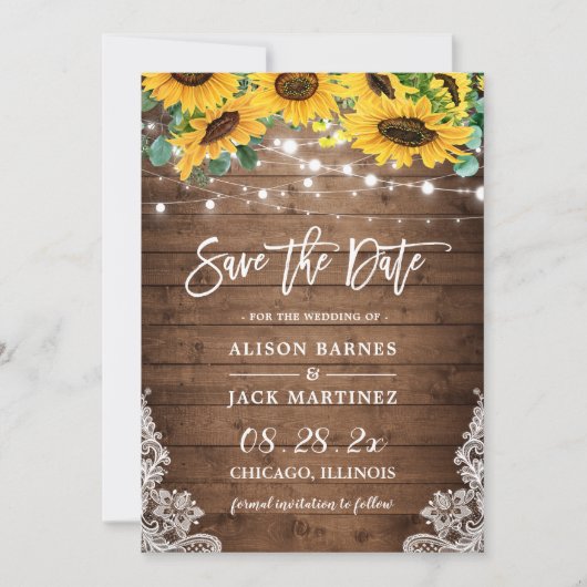Rustic Sunflower String Lights Country Wedding Save The Date (Voorkant)