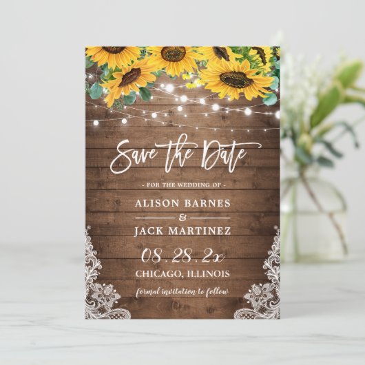 Rustic Sunflower String Lights Country Wedding Save The Date (Staand voorkant)