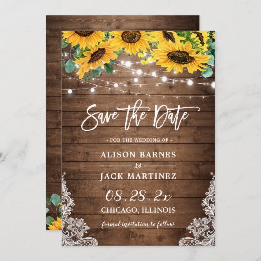 Rustic Sunflower String Lights Country Wedding Save The Date (Voorkant / Achterkant)