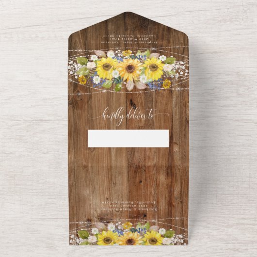 Rustic Sunflower String Lights Floral Wedding All In One Uitnodiging (Buitenkant)