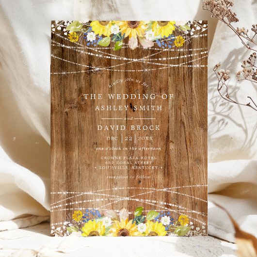Rustic Sunflower String Lights Floral Wedding Kaart
