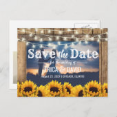 Rustic Sunflower String Lights Foto Save the Date Aankondigingskaart (Voorkant / Achterkant)