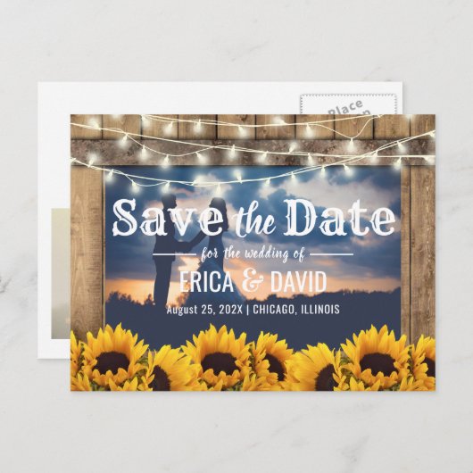 Rustic Sunflower String Lights Foto Save the Date Aankondigingskaart (Voorkant / Achterkant)