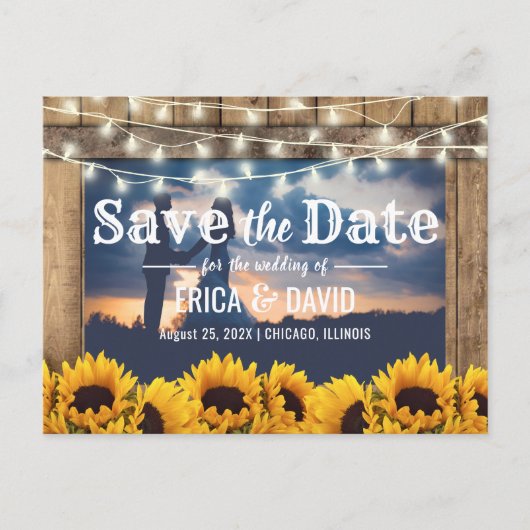 Rustic Sunflower String Lights Foto Save the Date Aankondigingskaart (Voorkant)