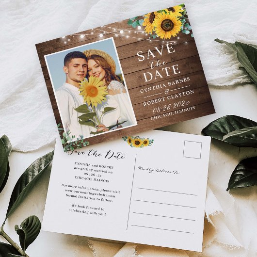 Rustic Sunflower String Lights Foto Save the Date Briefkaart