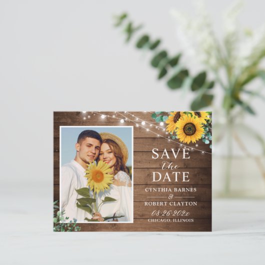 Rustic Sunflower String Lights Foto Save the Date Briefkaart (Staand voorkant)