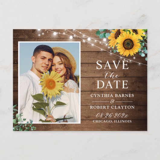 Rustic Sunflower String Lights Foto Save the Date Briefkaart (Voorkant)