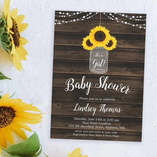 Rustic Sunflower String Lights Girl Baby shower Kaart