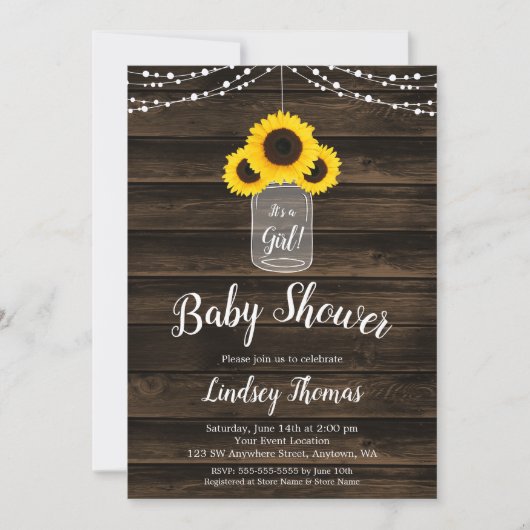 Rustic Sunflower String Lights Girl Baby shower Kaart (Voorkant)