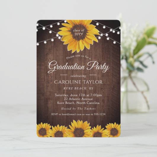 Rustic Sunflower String Lights Graduation Party Kaart (Staand voorkant)