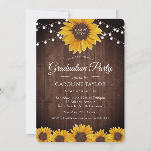 Rustic Sunflower String Lights Graduation Party Kaart (Voorkant)
