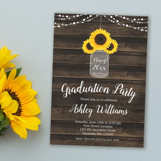 Rustic Sunflower String Lights Graduation Party Kaart