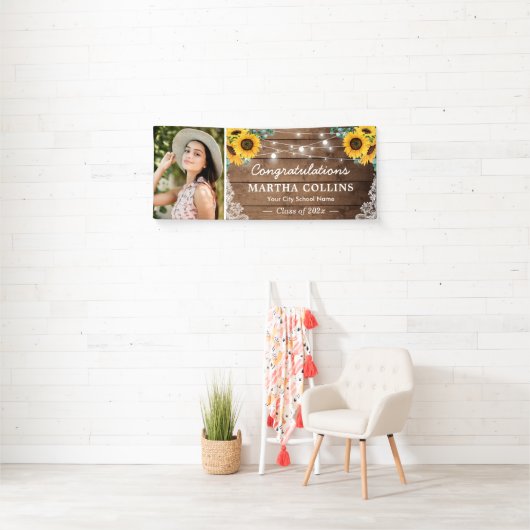 Rustic Sunflower String Lights Graduation Party Spandoek (Insitu)