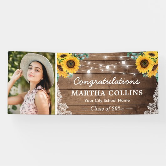 Rustic Sunflower String Lights Graduation Party Spandoek (Horizontaal)