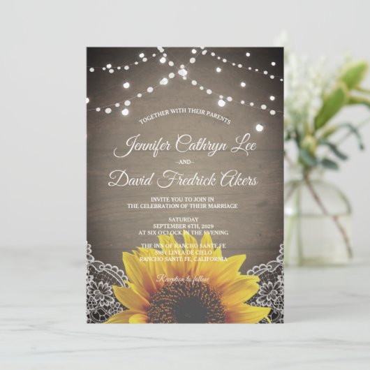 Rustic Sunflower String Lights Lace Barn Wedding Kaart (Staand voorkant)