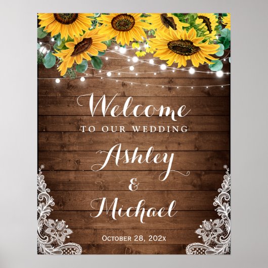 Rustic Sunflower String Lights Lace Wedding Sign Poster (Voorkant)