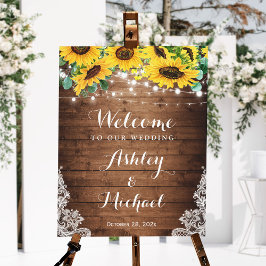 Rustic Sunflower String Lights Lace Wedding Sign Poster