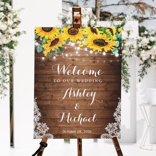 Rustic Sunflower String Lights Lace Wedding Sign Poster
