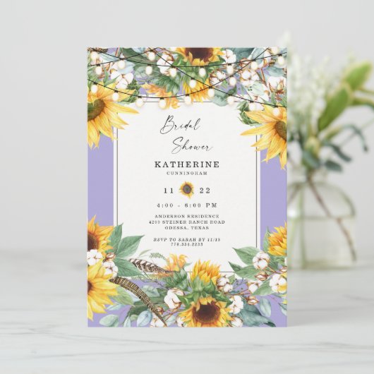Rustic Sunflower String Lights Lavender Bridal Kaart (Staand voorkant)