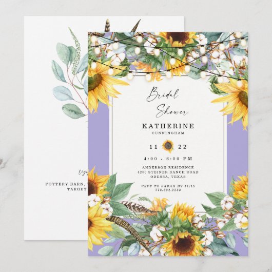 Rustic Sunflower String Lights Lavender Bridal Kaart (Voorkant / Achterkant)