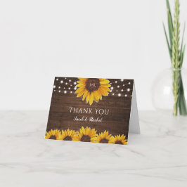 Rustic Sunflower String Lights Monogram Weddenscha Bedankkaart