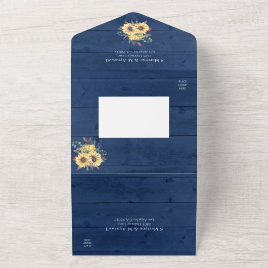 Rustic Sunflower String Lights Navy Blue Wedding All In One Uitnodiging (Buitenkant)