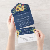Rustic Sunflower String Lights Navy Blue Wedding All In One Uitnodiging (Afscheurbaar)