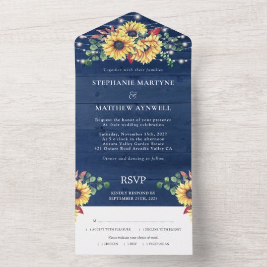 Rustic Sunflower String Lights Navy Blue Wedding All In One Uitnodiging (Binnen)