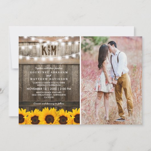 Rustic Sunflower String Lights Photo Wedding Kaart (Voorkant)