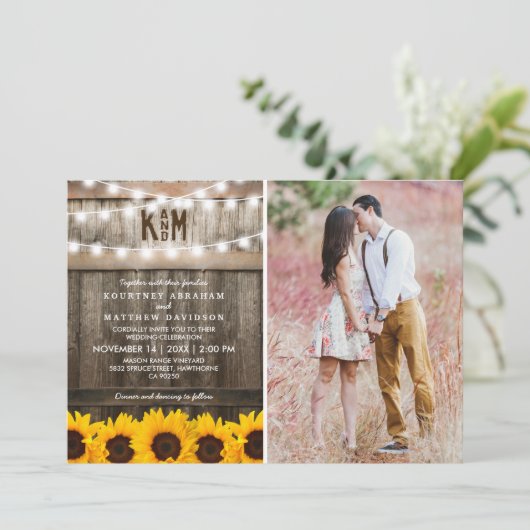 Rustic Sunflower String Lights Photo Wedding Kaart (Staand voorkant)