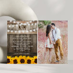 Rustic Sunflower String Lights Photo Wedding Kaart<br><div class="desc">Een huwelijksuitnodiging is meer dan alleen maar een aankondiging; het is een weerspiegeling van het unieke liefdesverhaal van een paar, en de perfecte uitnodiging moet die romance en vreugde vastleggen. Voor landminnende koppels, kan de perfecte uitnodiging worden gevonden met een creatieve foto bruiloft uitnodiging met een rustieke houten vat achtergrond,...</div>